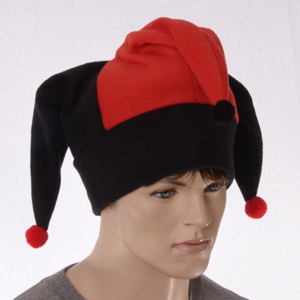 Jester Hat Black Red Harlequin Cap Fool Three Tailed Beanie Cosplay Ren Faire